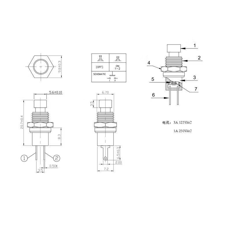 5個小型圓形按鈕開關,2腳PBS-110開孔7MM按鈕重置點動無鎖開關,迷你無鎖瞬時按鈕開關-細節圖2