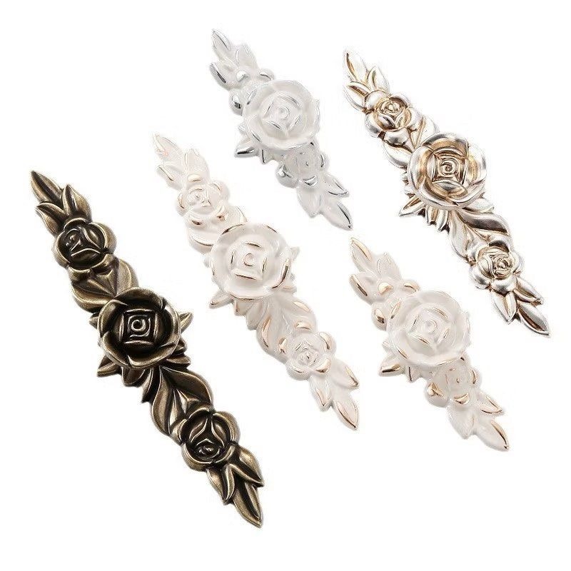 復古玫瑰花家具把手,鋅合金法式宮廷風抽屜把手,優雅廚房櫥櫃拉手,居家五金拉手-細節圖2