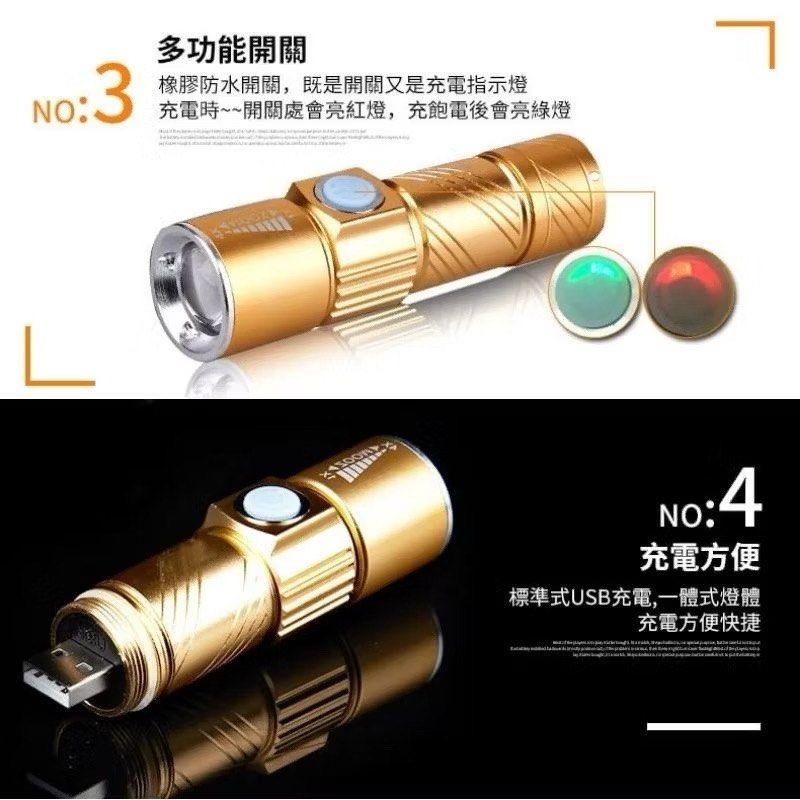迷你鋁合金強光手電筒,USB可充電質感變焦手電筒,生活防水露營釣魚外出必備照明設備-細節圖4