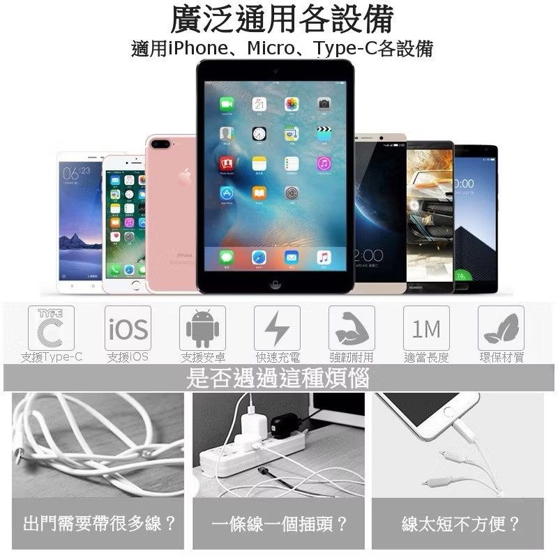 一拖三2.4A編織快充傳輸數據線,三合一蘋果lightning安卓Type-C充電線,電子產品手機充電線編織線-細節圖4