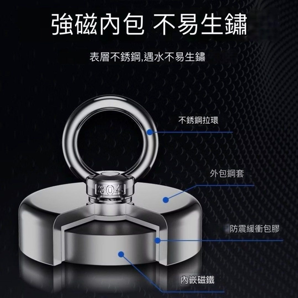 10米打撈繩+吊環圓形釣魚打撈磁鐵,戶外防撞打撈強磁磁吸固定器-細節圖2