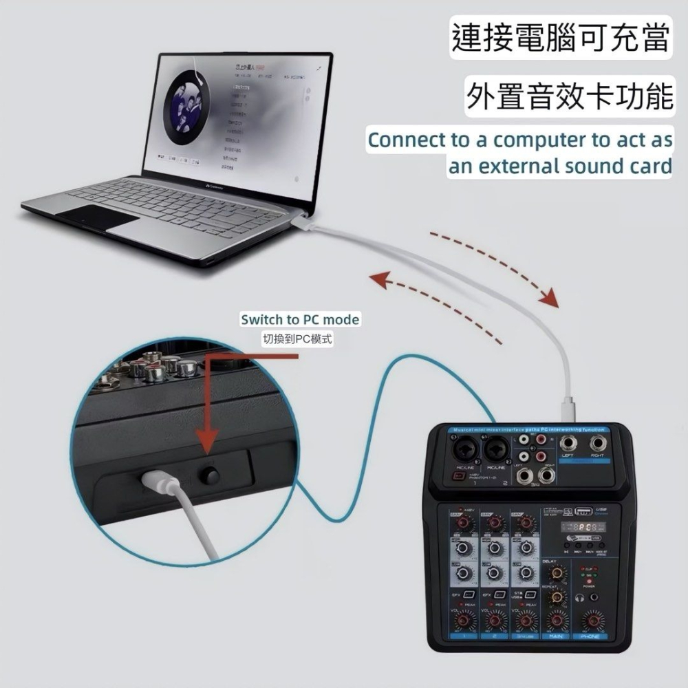 藍牙聲卡4路小型帶USB直播調音台,迷你小型效果混音器,混響家庭音樂製作調音器-細節圖2
