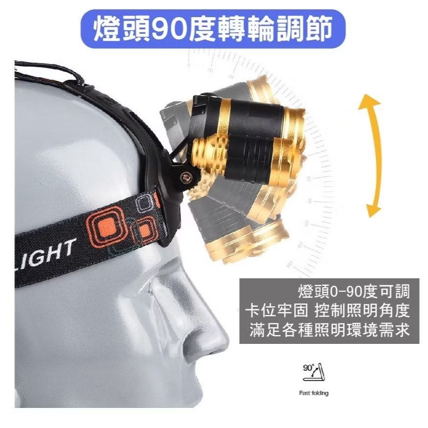 3LED鋁合金頭燈,可調節飛機頭強光探照燈,露營釣魚可充電頭燈,T6三燈維修工作手電筒,登山攀岩照明設備-細節圖3