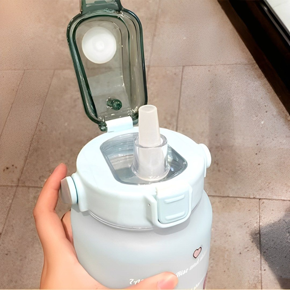 大容量漸變運動水壺,2000ml彈蓋吸管水瓶,運動便攜提把水杯,可愛貼紙漸層太空瓶-細節圖6