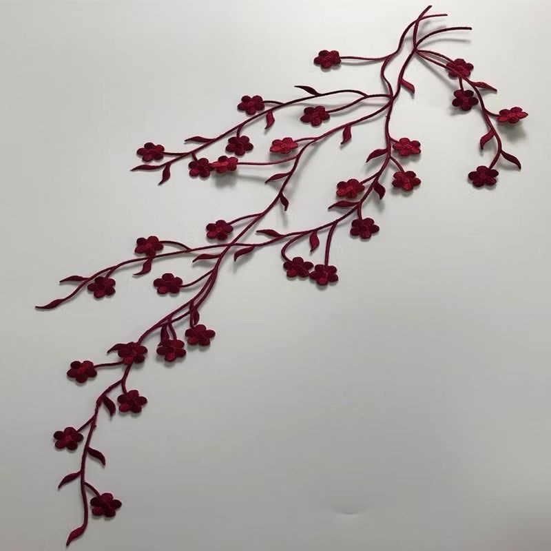 35cm復古梅花刺繡布貼,背膠花貼,大衣旗袍裝飾刺繡貼片,酒紅色-細節圖2