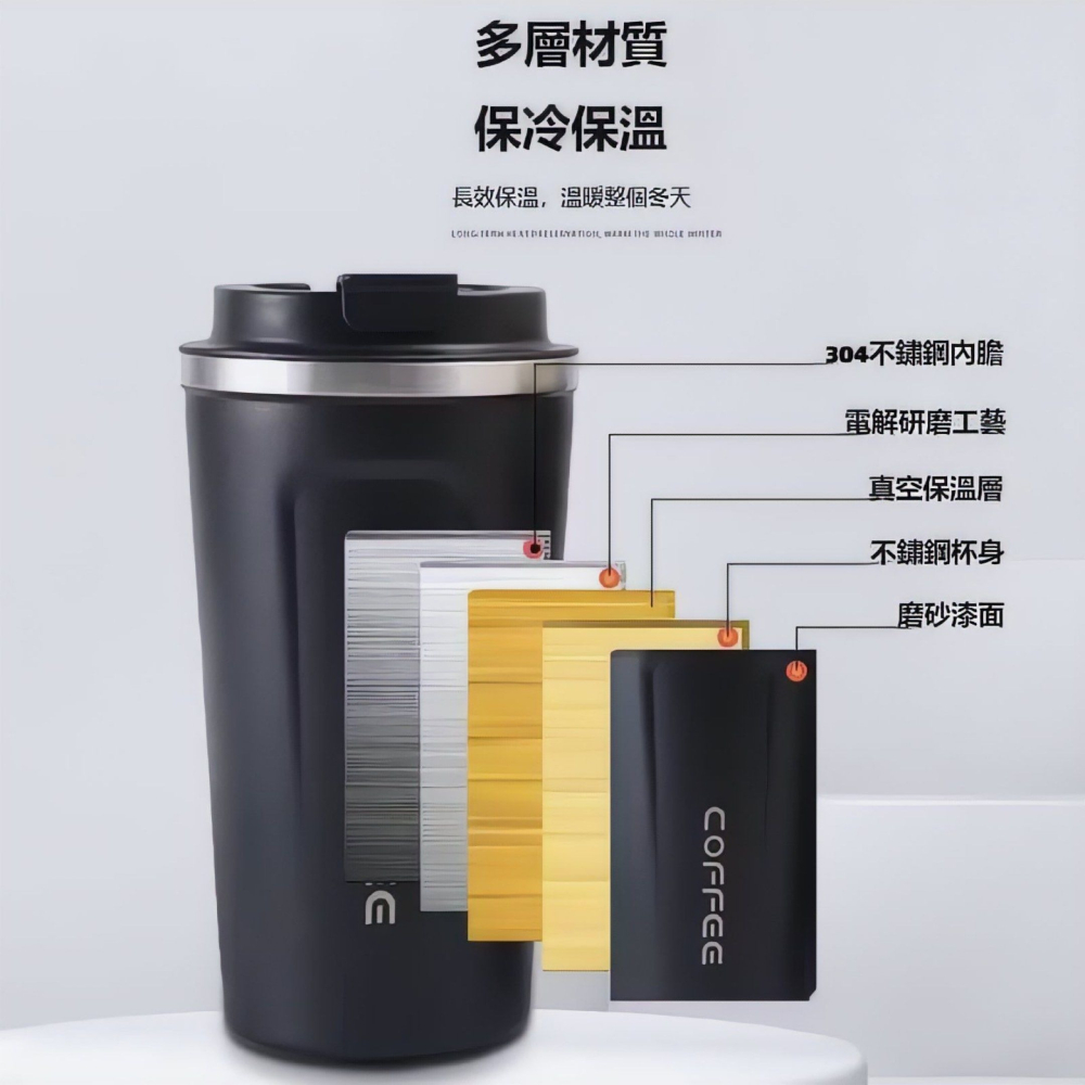304不鏽鋼咖啡杯,質感磨砂隨手保溫杯,直飲咖啡杯,雙層隔熱保溫杯,耐磨防刮不鏽鋼隨手杯,黑色380ml-細節圖2