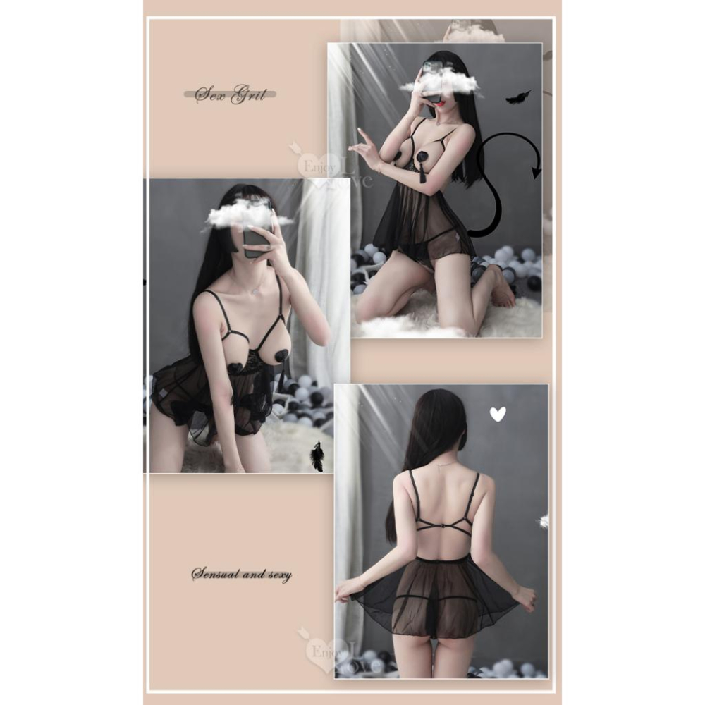 【送270ml潤滑液】《 Enjoy Love 》情趣睡衣！鋼圈美胸挖空爆乳露背連身裙兩件組﹝黑﹞-細節圖4