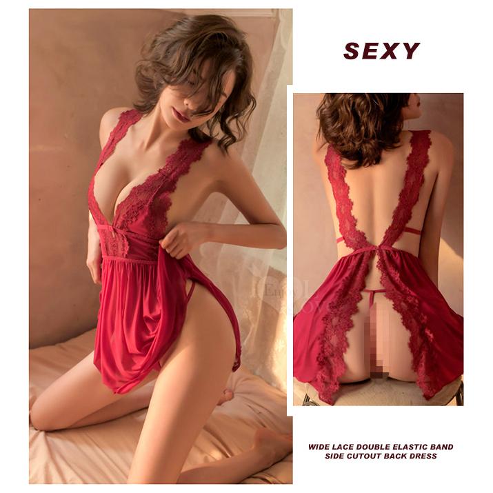 【送270ml潤滑液】《 Enjoy Love 》情趣睡衣！寬版蕾絲雙彈力帶側鏤空後開襟連身裙兩件組﹝酒紅﹞-細節圖8