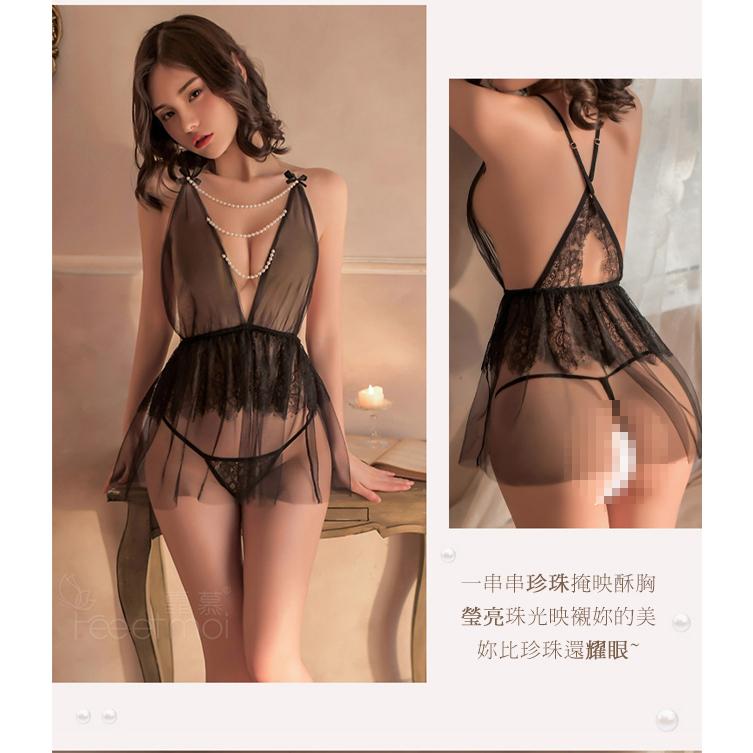 【送270ml潤滑液】性感睡衣！薄透美肌V型側鏤空瑩白珍珠夢幻雙層紗裙兩件組-細節圖7