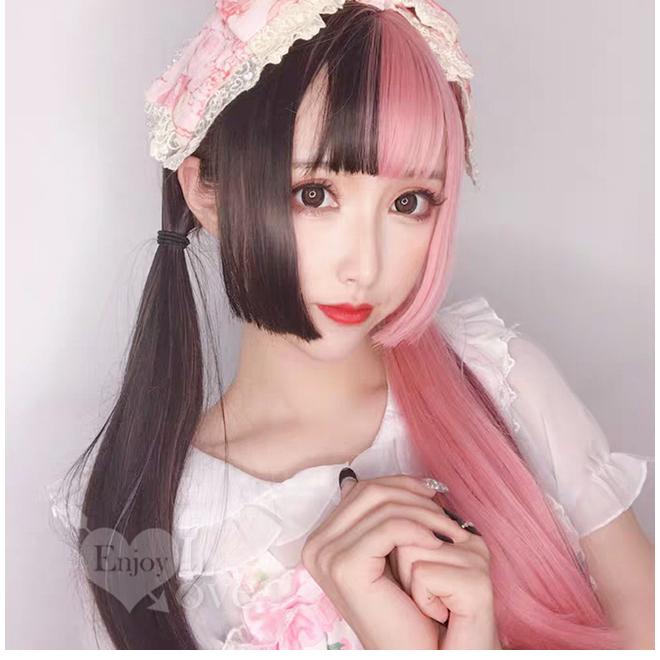 【送270ml潤滑液】陰陽色假髮女粉黑雙拼色 姬髮式公主切 cosplay長直髮﹝陰陽雙色 黑色+淺粉﹞-細節圖4