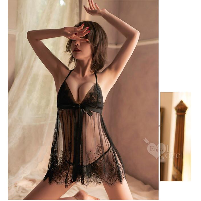 【送270ml潤滑液】《 Enjoy Love 》情趣睡衣！可調肩帶蝴蝶結綁帶柔膚前開襟連身裙兩件組﹝黑﹞-細節圖7