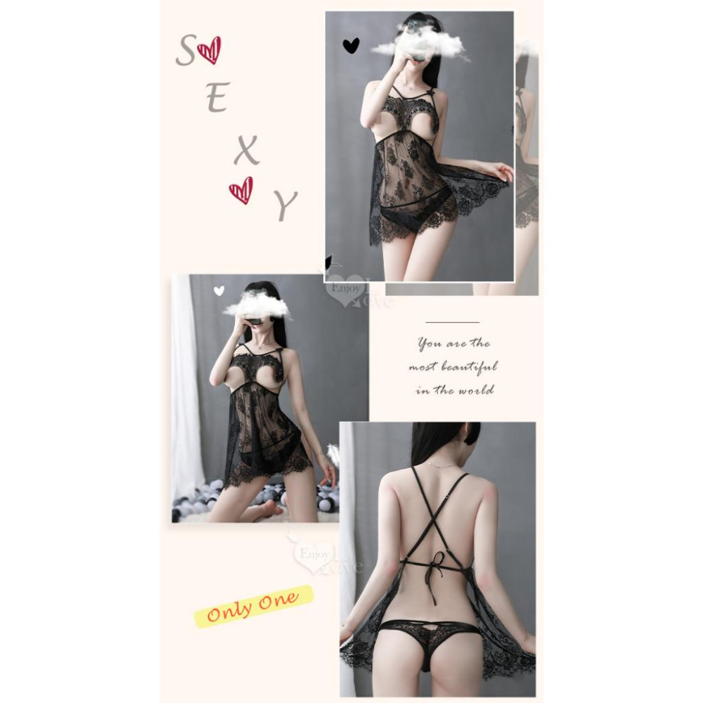 【送270ml潤滑液】《 Enjoy Love 》情趣睡衣！孔雀羽翼透胸花卉蕾絲交叉裸背後綁帶兩件組﹝黑﹞-細節圖5