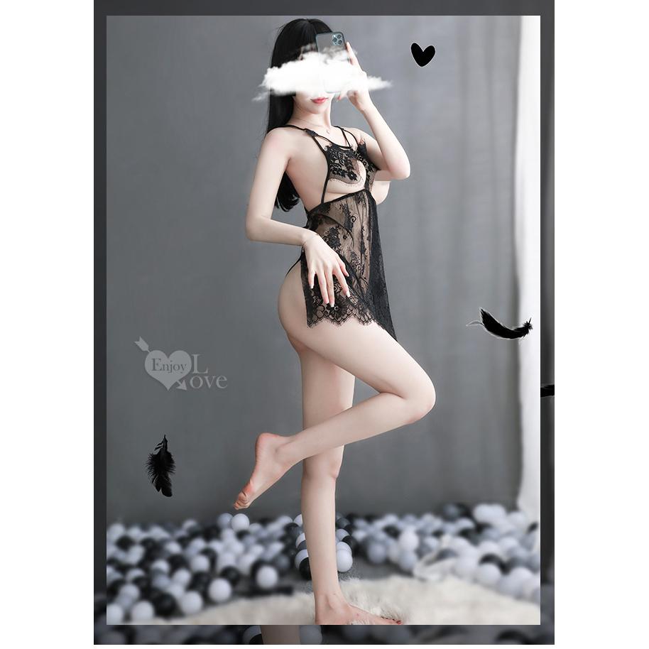 【送270ml潤滑液】《 Enjoy Love 》情趣睡衣！孔雀羽翼透胸花卉蕾絲交叉裸背後綁帶兩件組﹝黑﹞-細節圖7