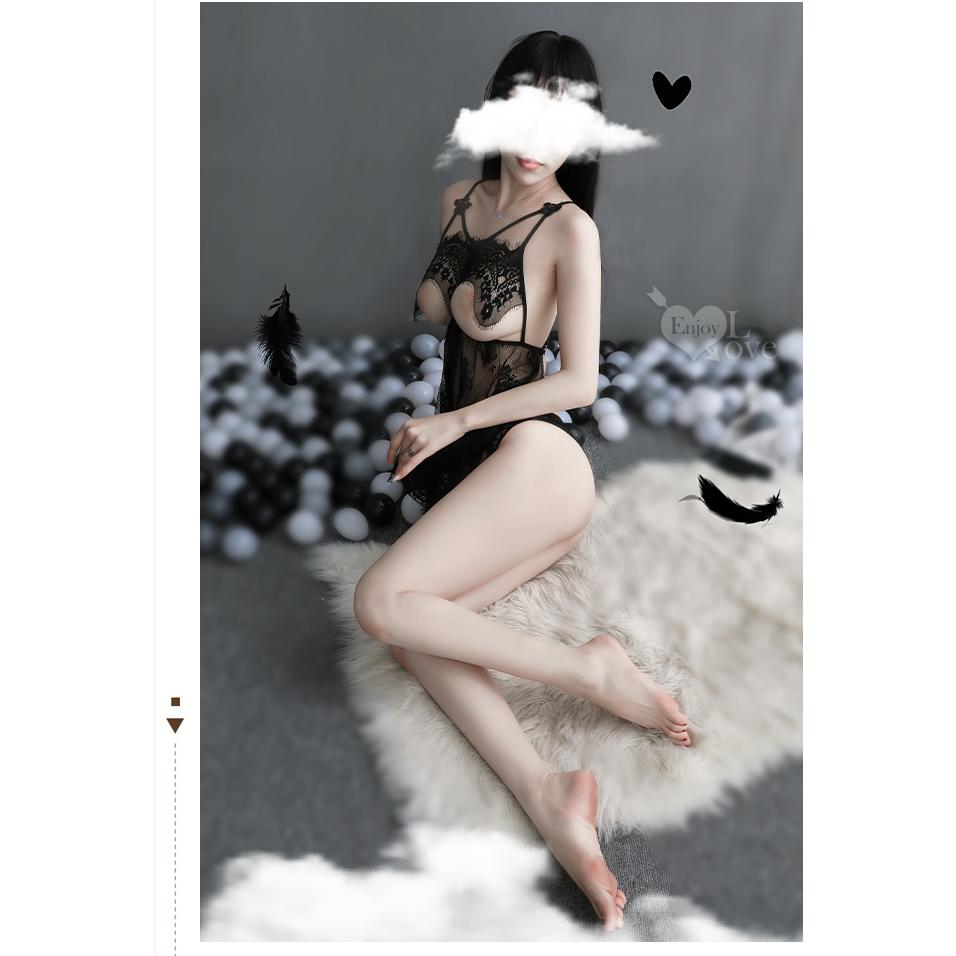 【送270ml潤滑液】《 Enjoy Love 》情趣睡衣！孔雀羽翼透胸花卉蕾絲交叉裸背後綁帶兩件組﹝黑﹞-細節圖8