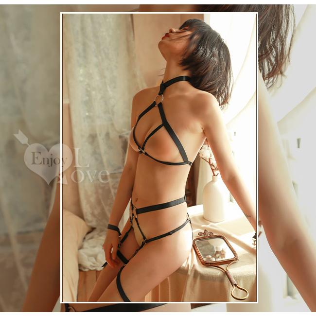 【送270ml潤滑液】《 Enjoy Love 》情趣睡衣！皮質鏤空金屬環綑綁束縛SM透視開襠兩件組-細節圖7