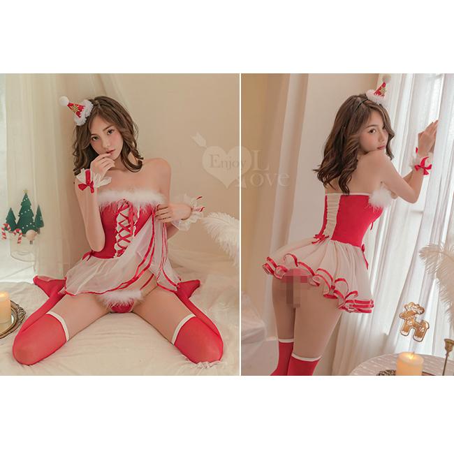 【送270ml潤滑液】魅力聖誕派對！紅白撞色胸前交叉綁帶甜美雙層蓬蓬裙五件式套裝-細節圖7