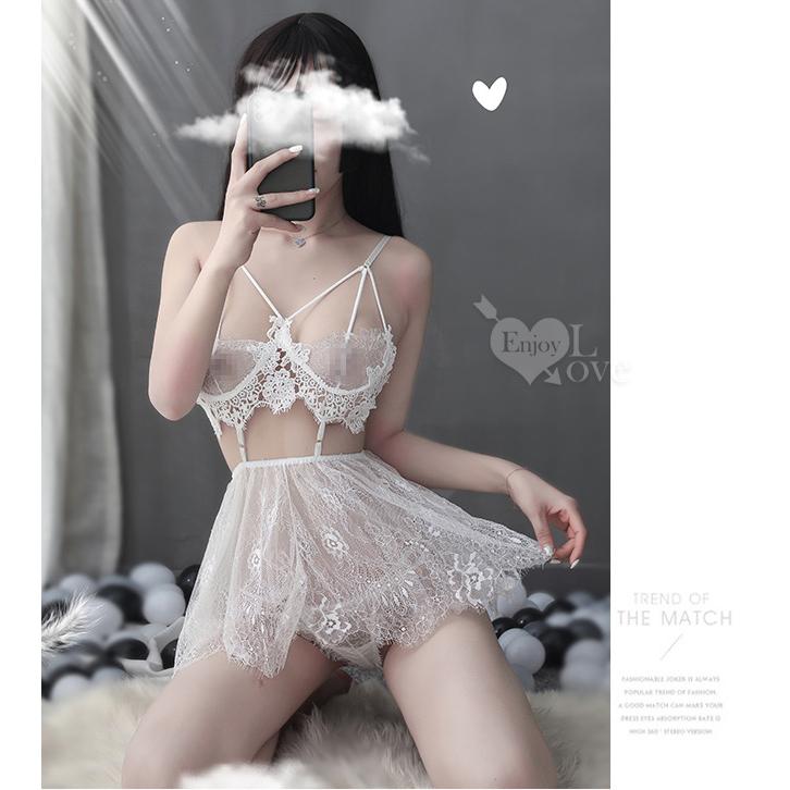 【送270ml潤滑液】《 Enjoy Love 》情趣睡衣！睫毛蕾絲水滴美胸拼接柔紗裙兩件組﹝白﹞-細節圖2