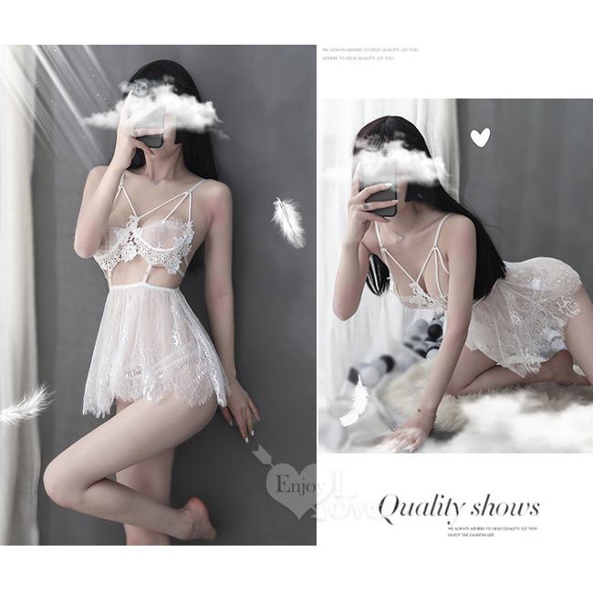 【送270ml潤滑液】《 Enjoy Love 》情趣睡衣！睫毛蕾絲水滴美胸拼接柔紗裙兩件組﹝白﹞-細節圖3