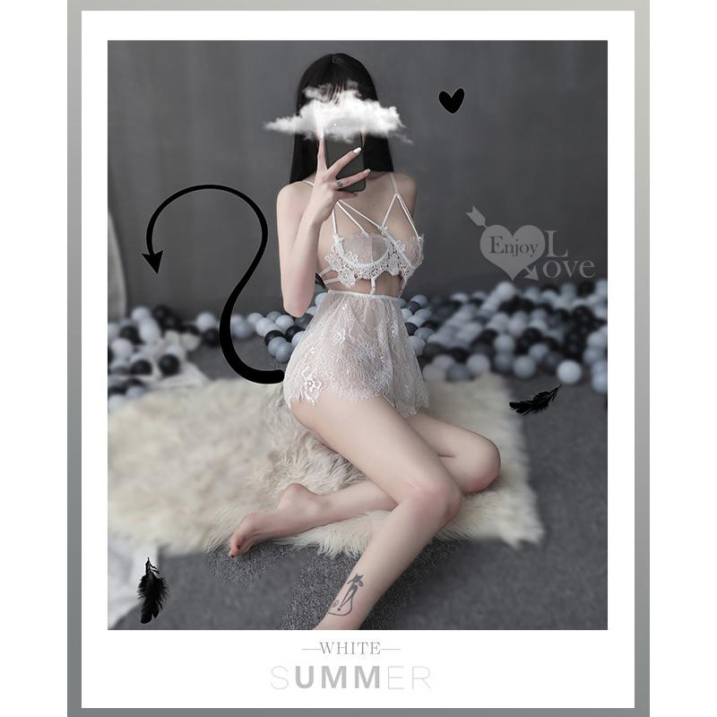 【送270ml潤滑液】《 Enjoy Love 》情趣睡衣！睫毛蕾絲水滴美胸拼接柔紗裙兩件組﹝白﹞-細節圖4