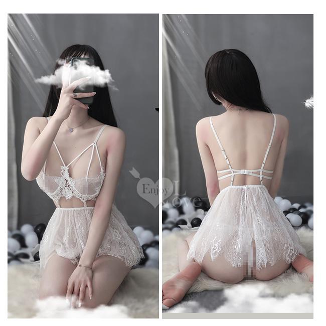【送270ml潤滑液】《 Enjoy Love 》情趣睡衣！睫毛蕾絲水滴美胸拼接柔紗裙兩件組﹝白﹞-細節圖5