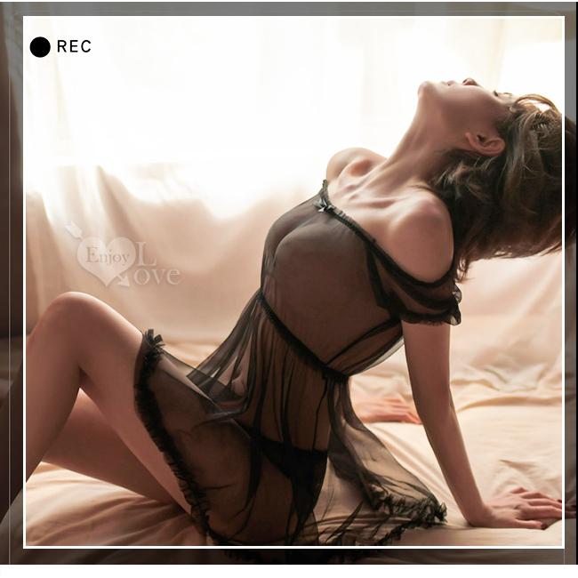 【送270ml潤滑液】《 Enjoy Love 》情趣睡衣！薄紗透膚一字領荷葉花邊連身裙兩件組﹝黑﹞-細節圖7