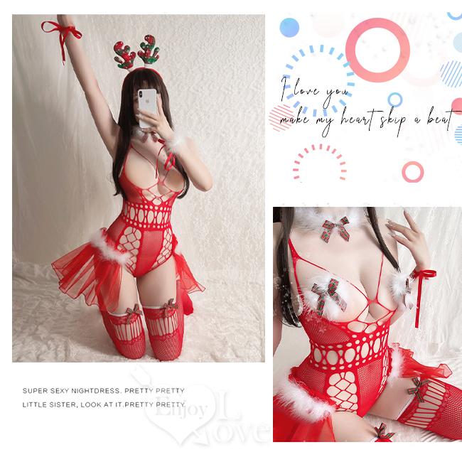 【送270ml潤滑液】魅力聖誕派對！毛毛蝴蝶結露腰雪花兩側紗裙開襠連身網衣四件式套裝-細節圖7