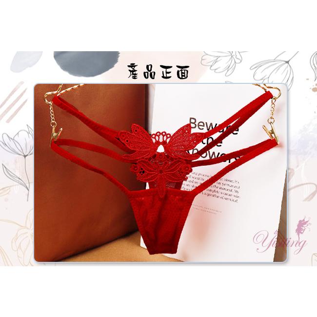 甜蜜舞動！蝴蝶雙飛彈力細帶花卉網紗美臀Ｔ字褲﹝紅﹞-細節圖2