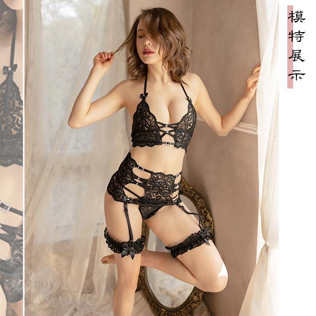 【送270ml潤滑液】《 Enjoy Love 》情趣比基尼！花卉蔓延輕鑽點綴側腹挖空吊襪帶四件式套裝 - 含腿環-細節圖2