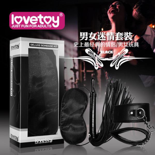 (送280ml潤滑液)Lovetoy．黑色天使套裝4 -SM超值禮盒組(眼罩+手銬+皮鞭)*R-20.情趣用品.跳蛋.飛