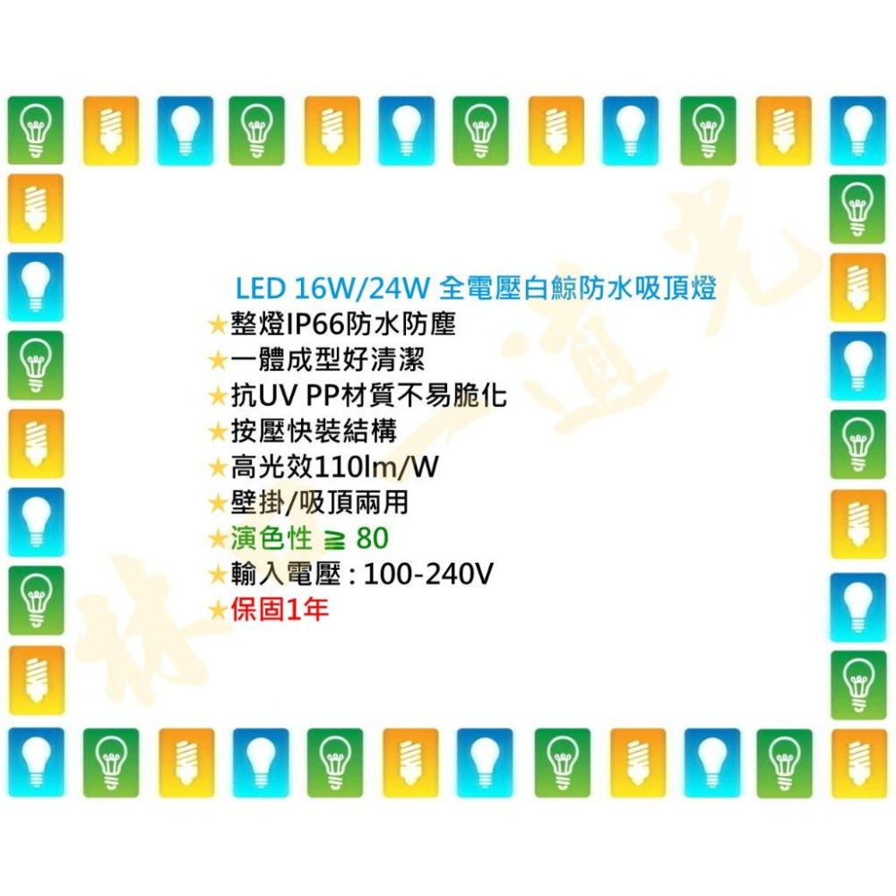 【林口一道光】舞光 LED 16W/24W 白鯨防水吸頂燈 E-CEBJ16 全電壓 走道 玄關 陽台 戶外 壁燈-細節圖4