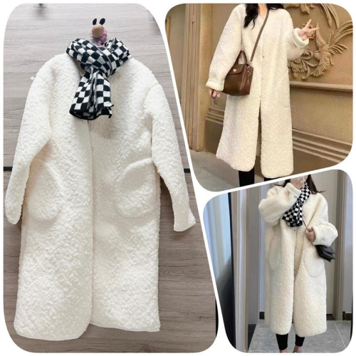 全新 韓版羊羔毛厚實款大衣S 米白 長版外套 冬天外套 白色大衣