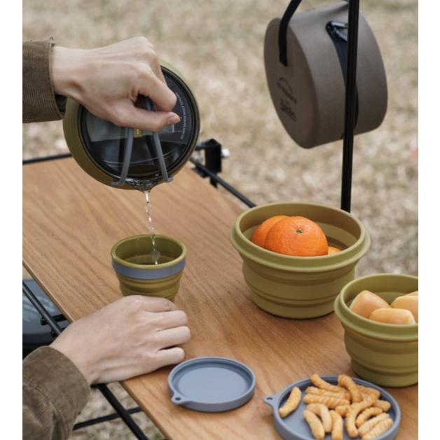 m Square 矽膠折疊水壺餐具組 碗/杯登山 折疊碗 折疊杯 軍綠復古綠矽膠摺疊水壺 煮水壺矽膠折疊燒水壺收納袋-細節圖2
