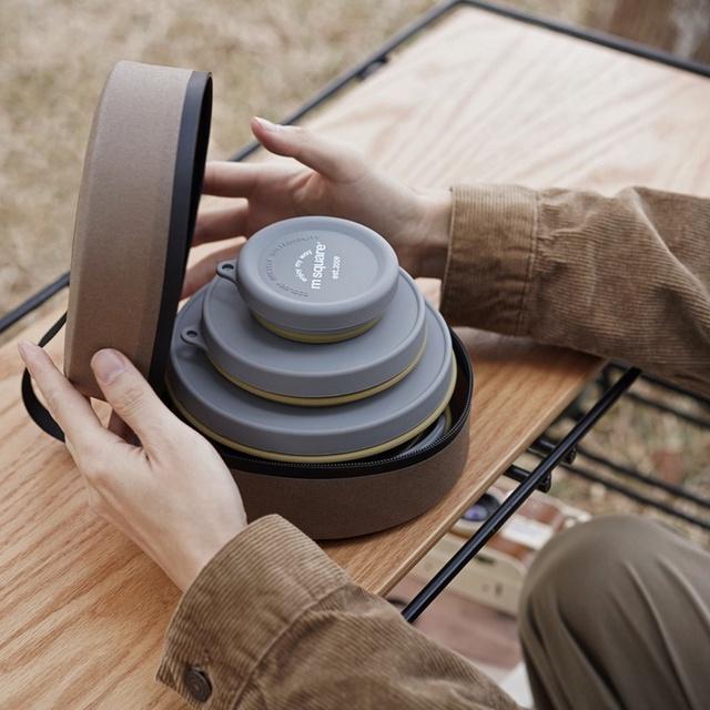 m Square 矽膠折疊水壺餐具組 碗/杯登山 折疊碗 折疊杯 軍綠復古綠矽膠摺疊水壺 煮水壺矽膠折疊燒水壺收納袋-細節圖5