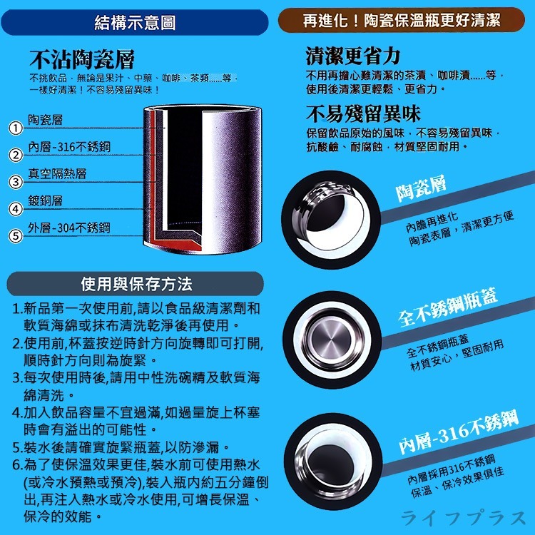 PLUS PERFECT晶鑽316不鏽鋼陶瓷保溫瓶-800ml-1入-細節圖5