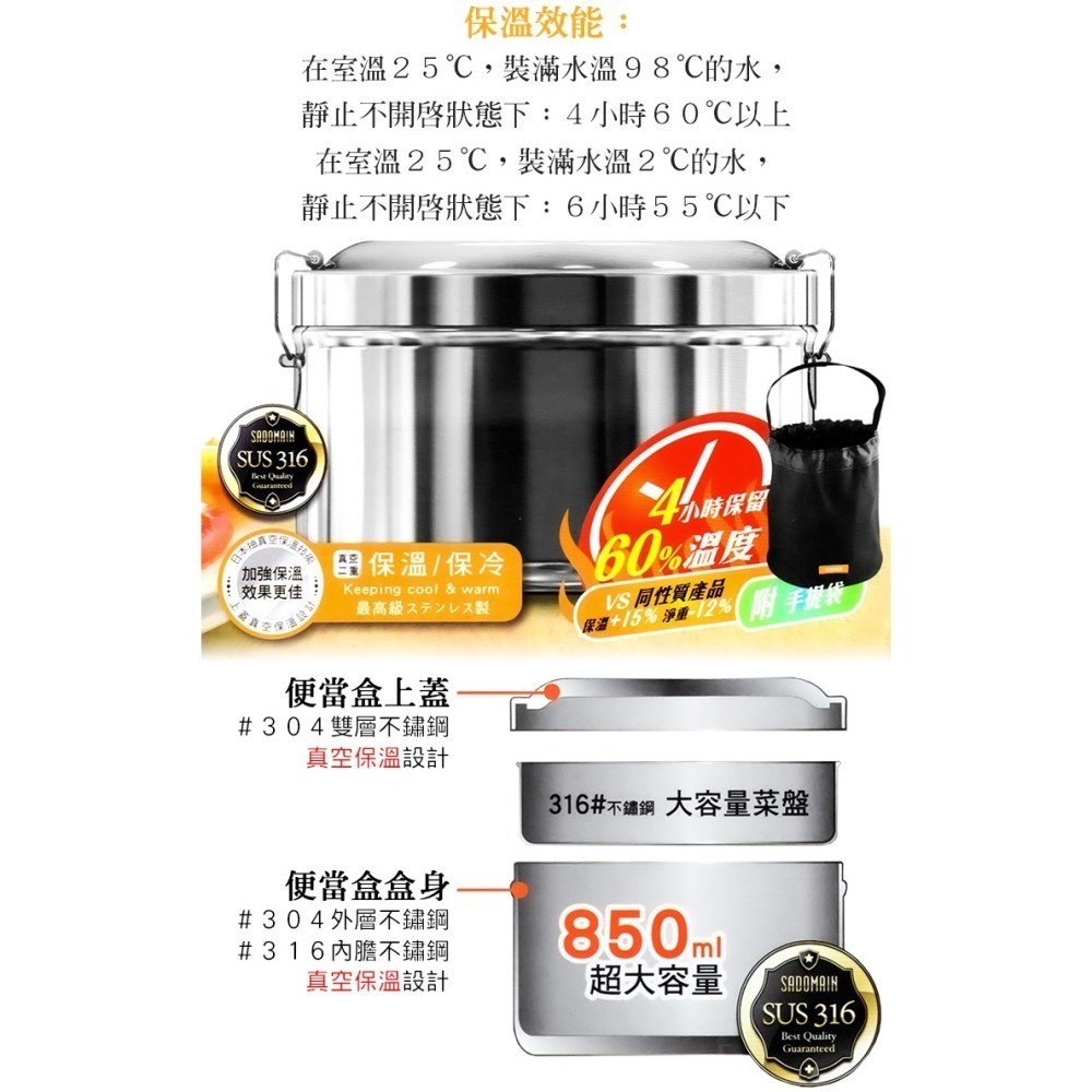 仙德曼316不鏽鋼輕量保溫便當盒(附提袋)-850ml-1入-細節圖3