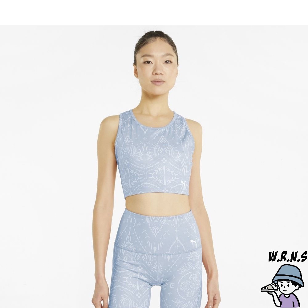 PUMA Studio 女裝 背心 訓練 短版 透氣 排汗 滿版圖騰 網布拼接 歐規 藍白【W.R.N.S】521561-細節圖3