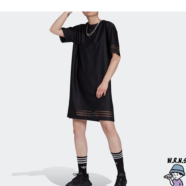 Adidas BELLISTA 女裝 短袖 洋裝 休閒 連身裙 透視感 黑【W.R.N.S】GN3249-細節圖3