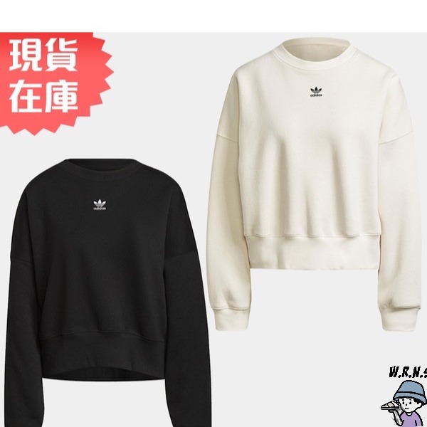 Adidas 女裝 長袖上衣 大學T 短版 寬鬆 內磨毛 小Logo 棉 黑/米【W.R.N.S】H06660/H400-細節圖2