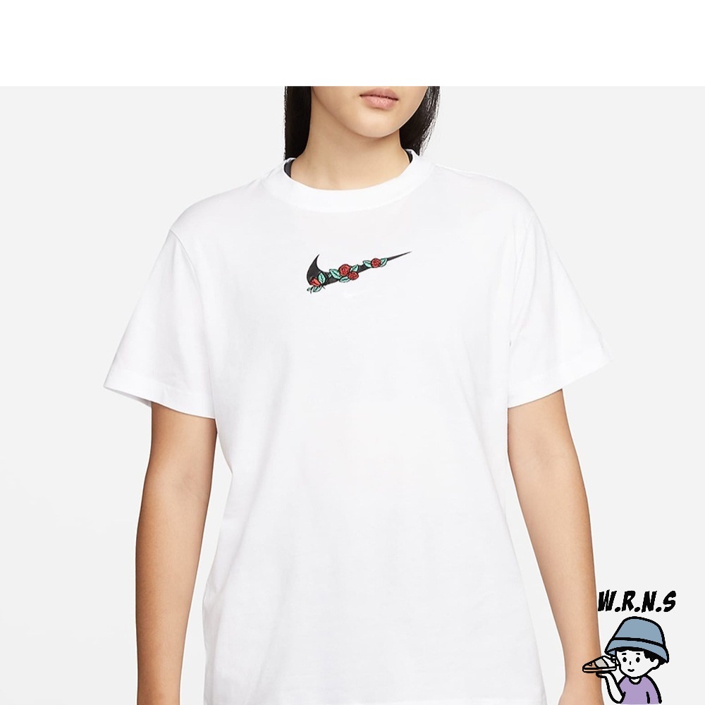 NIKE Sportswear 女裝 短袖 休閒 棉質 刺繡 玫瑰 白DN5887-100-細節圖2