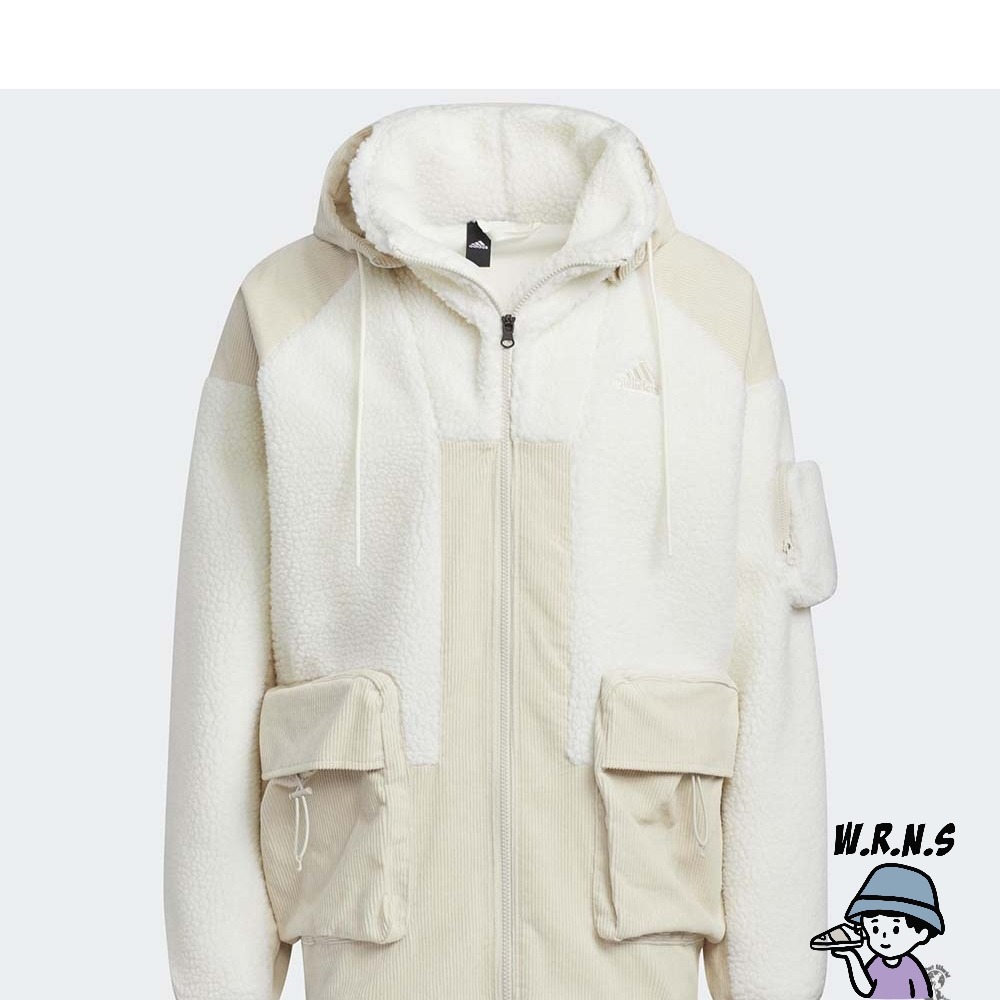 Adidas 男裝 連帽外套 拼接 羊羔毛 燈芯絨 口袋 米白 HN9017-細節圖2