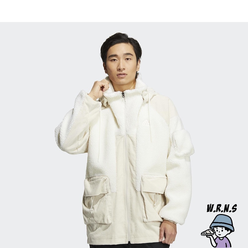 Adidas 男裝 連帽外套 拼接 羊羔毛 燈芯絨 口袋 米白 HN9017-細節圖3