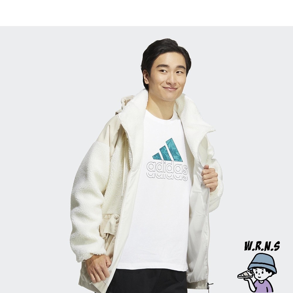 Adidas 男裝 連帽外套 拼接 羊羔毛 燈芯絨 口袋 米白 HN9017-細節圖4