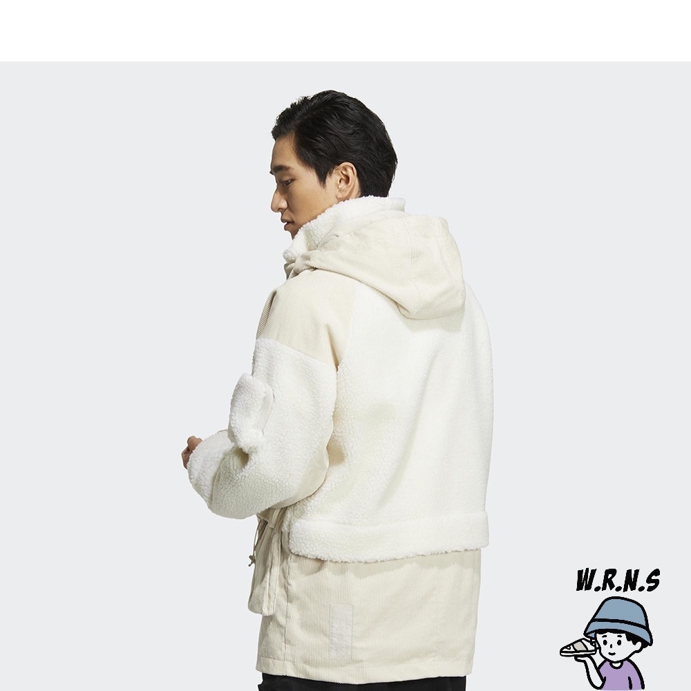Adidas 男裝 連帽外套 拼接 羊羔毛 燈芯絨 口袋 米白 HN9017-細節圖5
