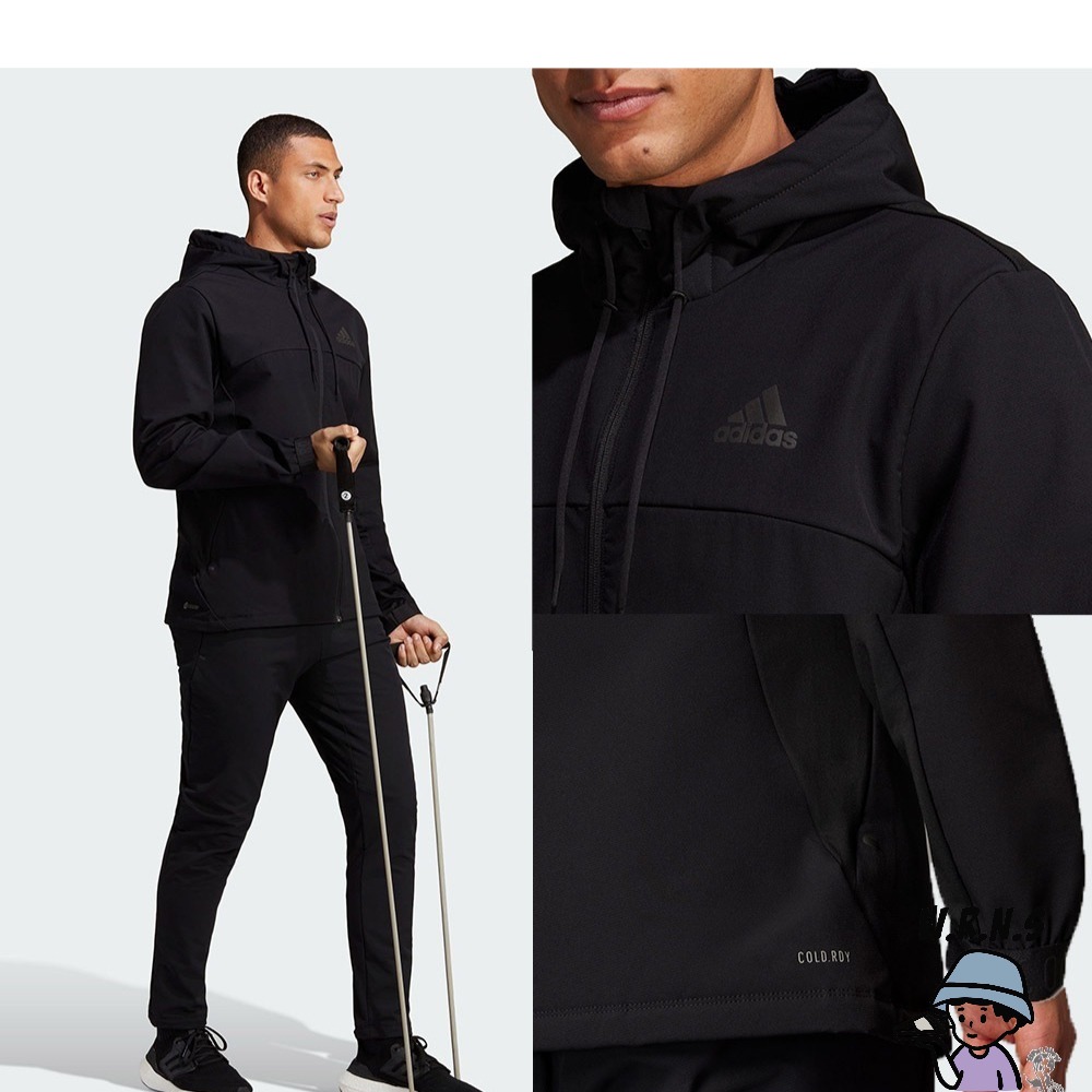 Adidas 男裝 連帽外套 防曬 UPF50+ 拉鍊口袋 黑/藍 HS7494/IL1429-細節圖4