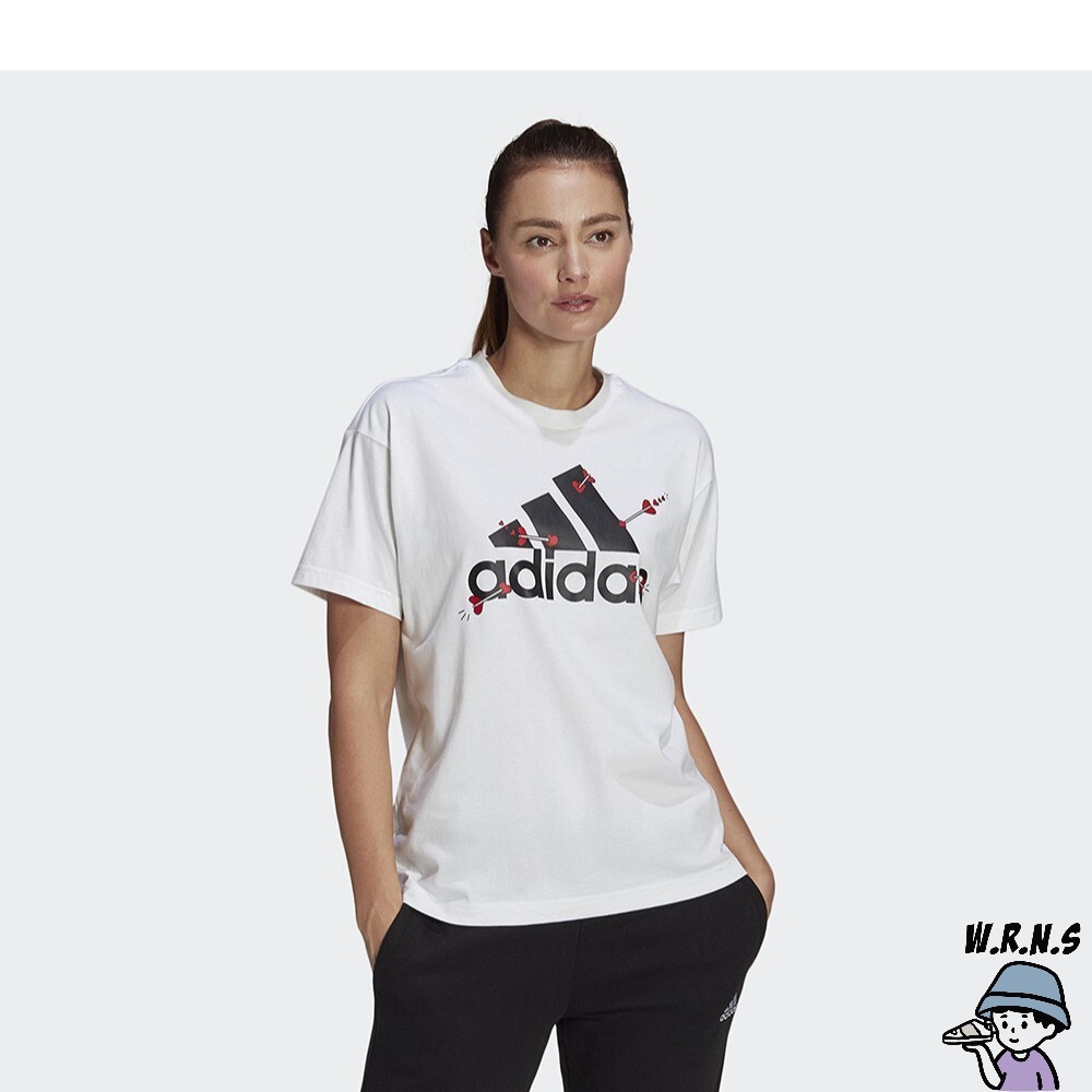 Adidas 女裝 短袖上衣 T恤 情人節 丘比特箭頭 愛心 棉質 白 GL0870-細節圖3