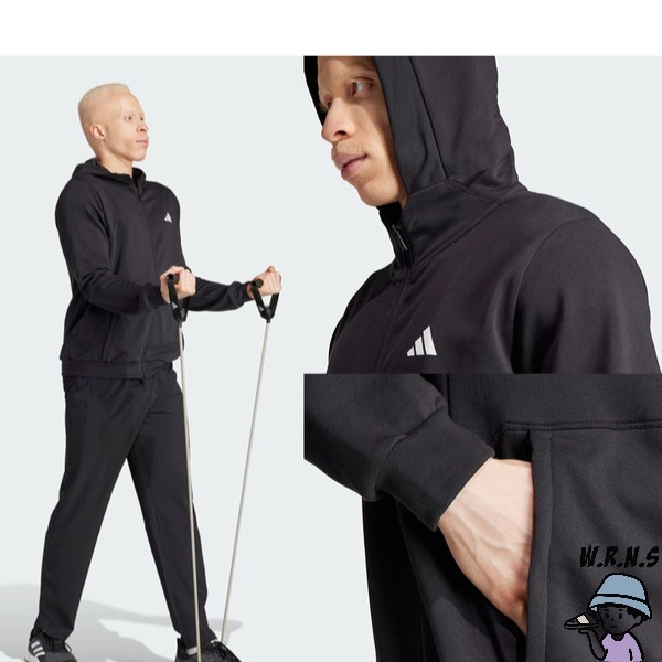 Adidas 男裝 連帽外套 排汗 拉鍊口袋 棉 黑/灰綠IT4308/IT4309-細節圖5