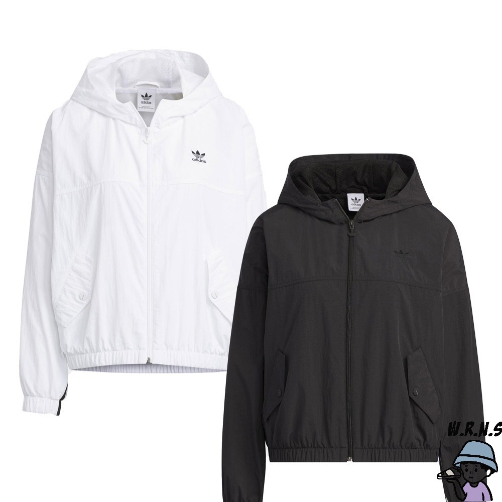 Adidas 女裝 連帽外套 防風 按扣口袋 白/黑 IP1804/IP1805-細節圖2