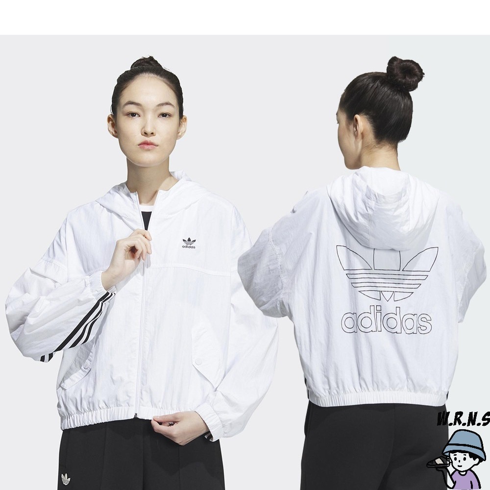 Adidas 女裝 連帽外套 防風 按扣口袋 白/黑 IP1804/IP1805-細節圖3