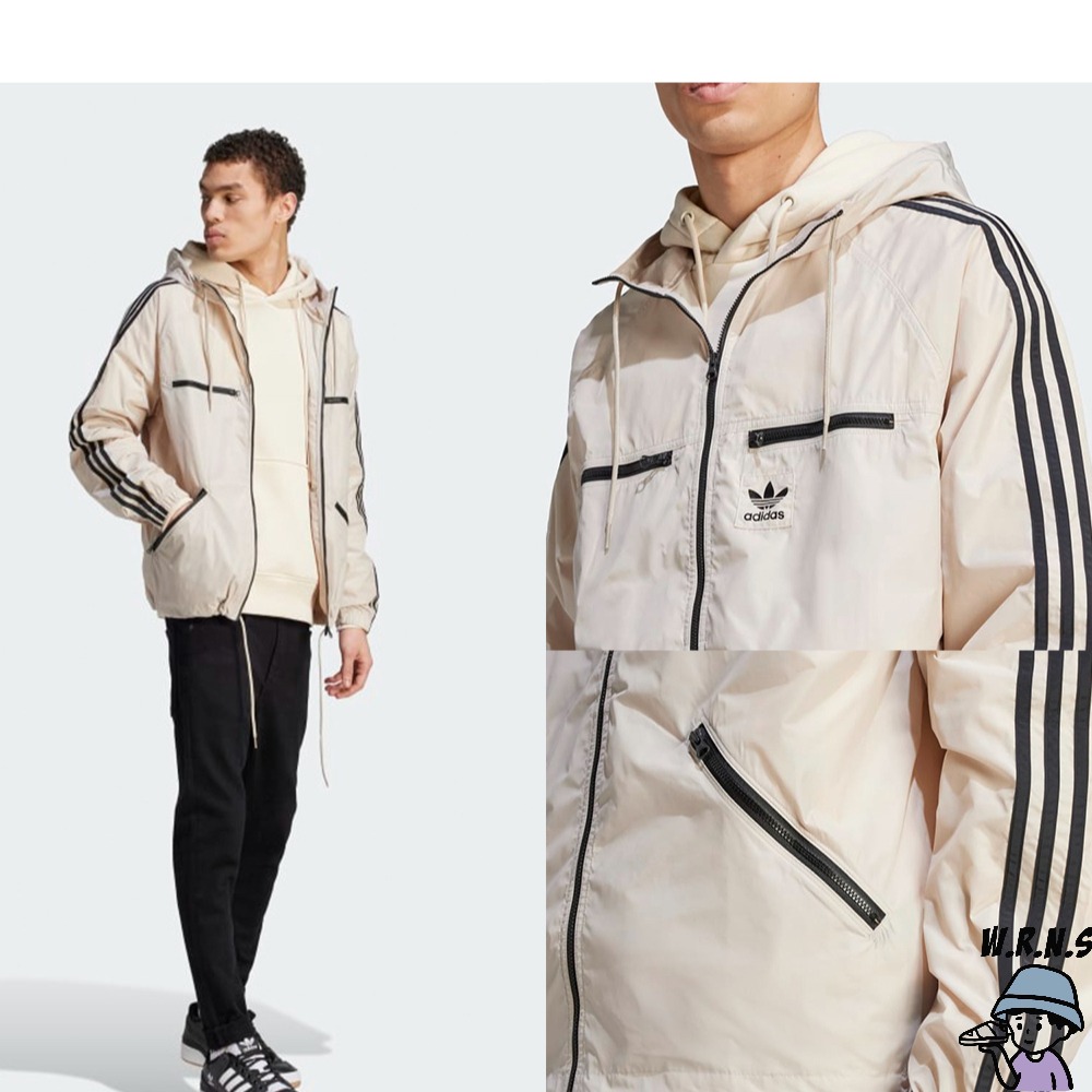 Adidas 男裝 連帽風衣外套 拉鍊口袋 工裝風 米/黑 IM2107/HS2066-細節圖4