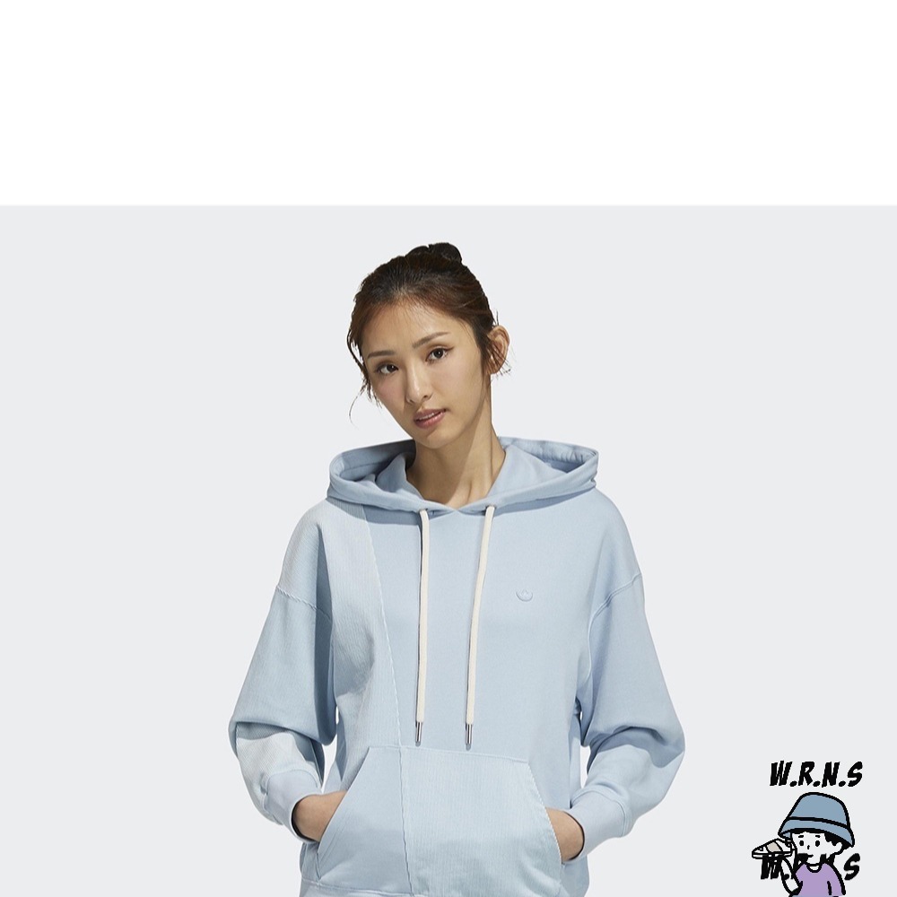 Adidas 女裝 長袖上衣 連帽上衣 帽T 袋鼠口袋 拼接 棉 藍HC0320-細節圖3